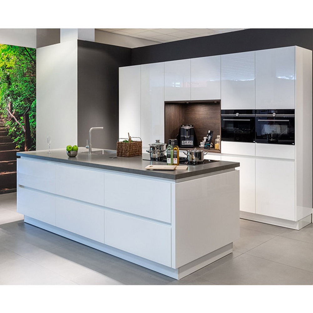 White PVC Kitchen Cabinet Allure Simple Designs Automatic Open Way U Shape Kitchen Cabinet