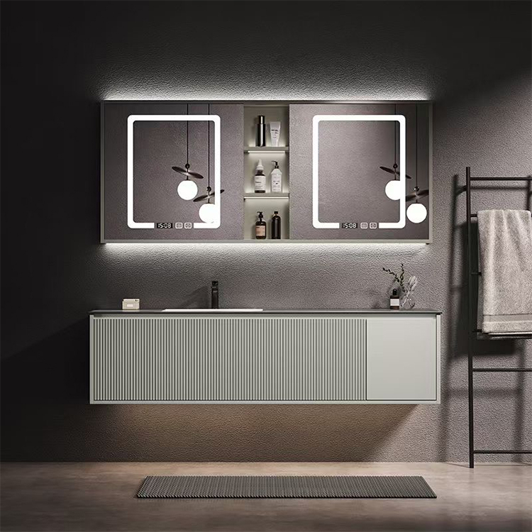 French Modern Waterproof Double Sink Acrylic Bathroom Pvc Cabinet Washbasin Rotating Bathroom Mirror Cabinet