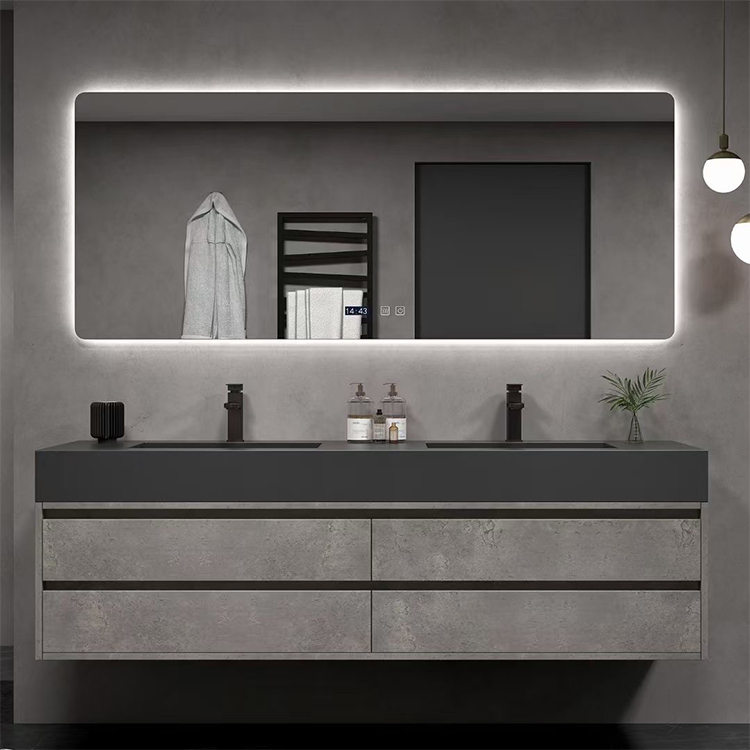 French Modern Waterproof Double Sink Acrylic Bathroom Pvc Cabinet Washbasin Rotating Bathroom Mirror Cabinet
