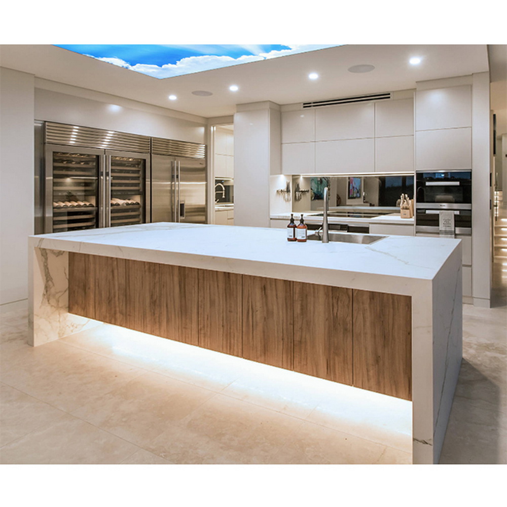 White PVC Kitchen Cabinet Allure Simple Designs Automatic Open Way U Shape Kitchen Cabinet