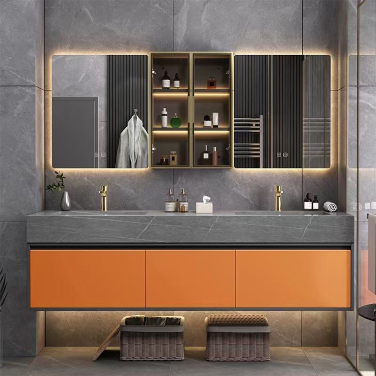 French Modern Waterproof Double Sink Acrylic Bathroom Pvc Cabinet Washbasin Rotating Bathroom Mirror Cabinet
