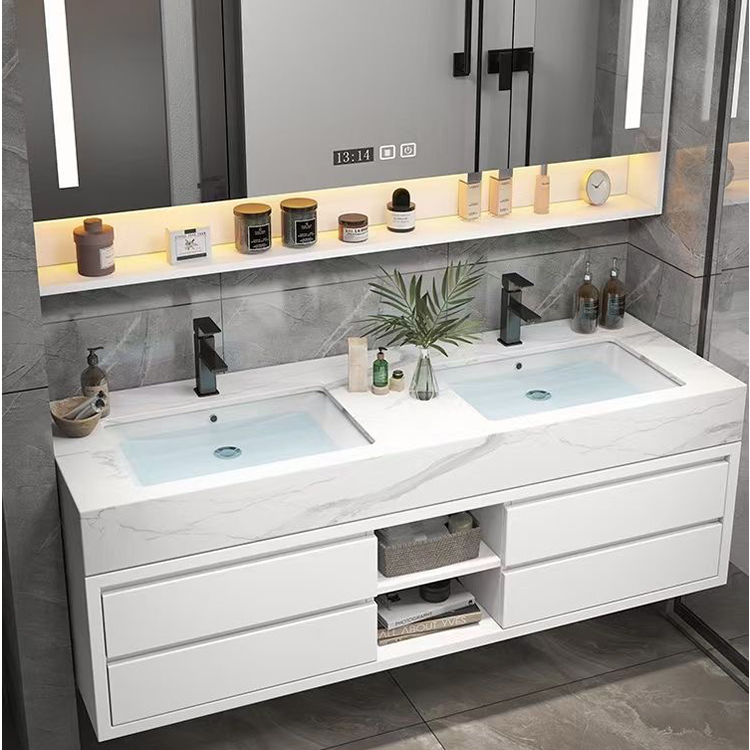 French Modern Waterproof Double Sink Acrylic Bathroom Pvc Cabinet Washbasin Rotating Bathroom Mirror Cabinet