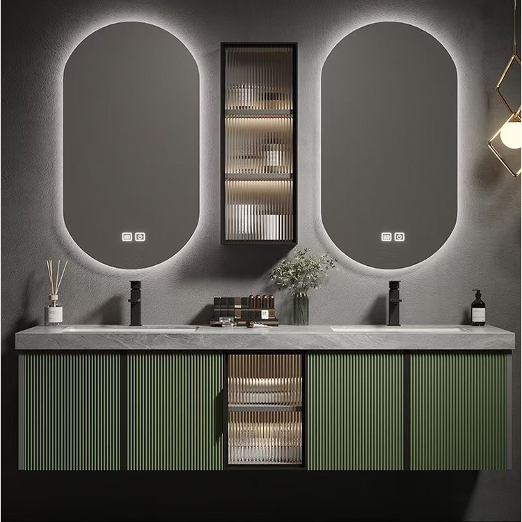 French Modern Waterproof Double Sink Acrylic Bathroom Pvc Cabinet Washbasin Rotating Bathroom Mirror Cabinet